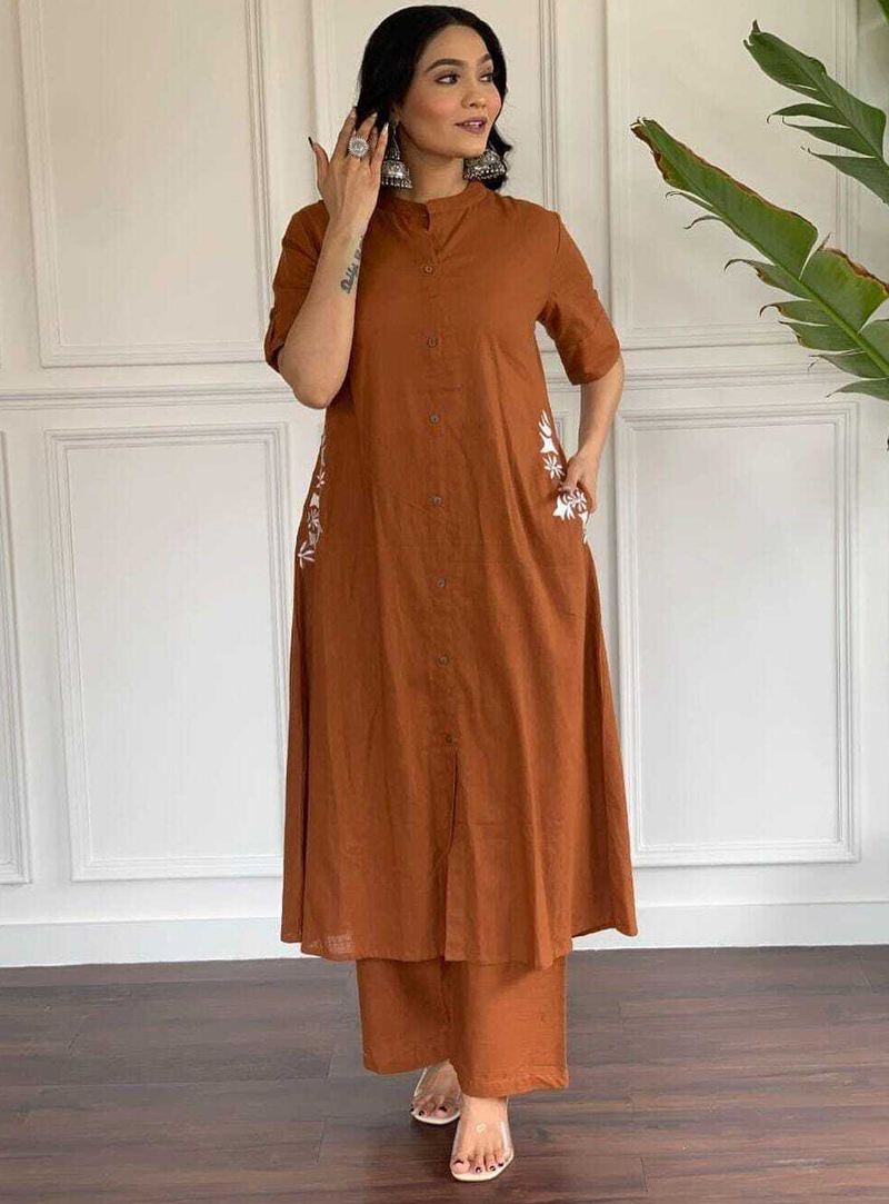 Pocket Embroidered Pure Cotton Co-Ord Set Orange for Women