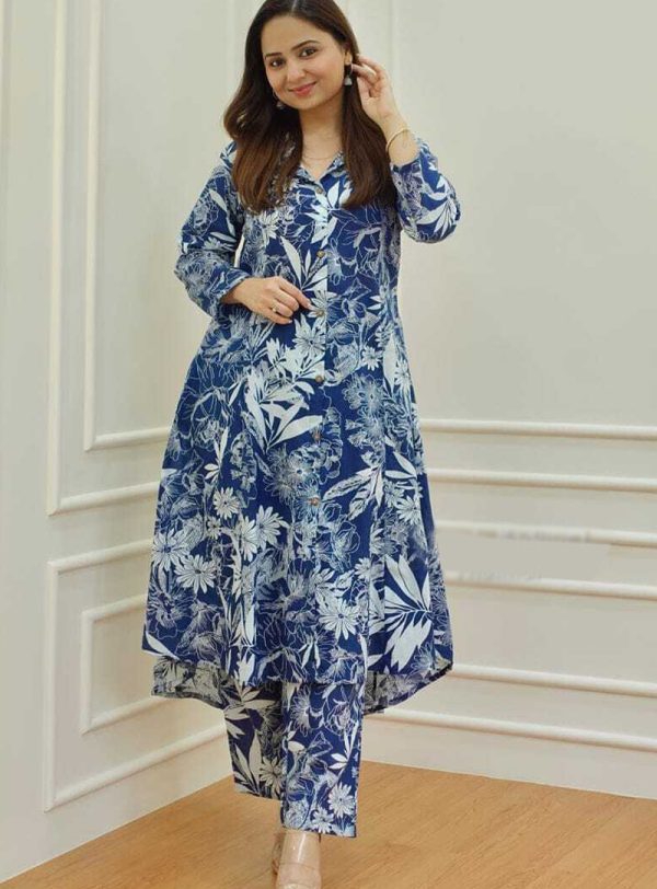 Floral Printed Cotton  Kurta Set for Women-Blue