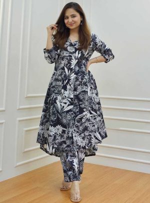 Floral Printed Cotton Kurta Set for Women-Black