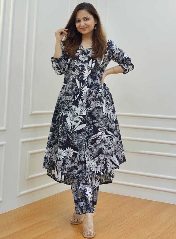 Floral Printed Cotton Kurta Set for Women-Black