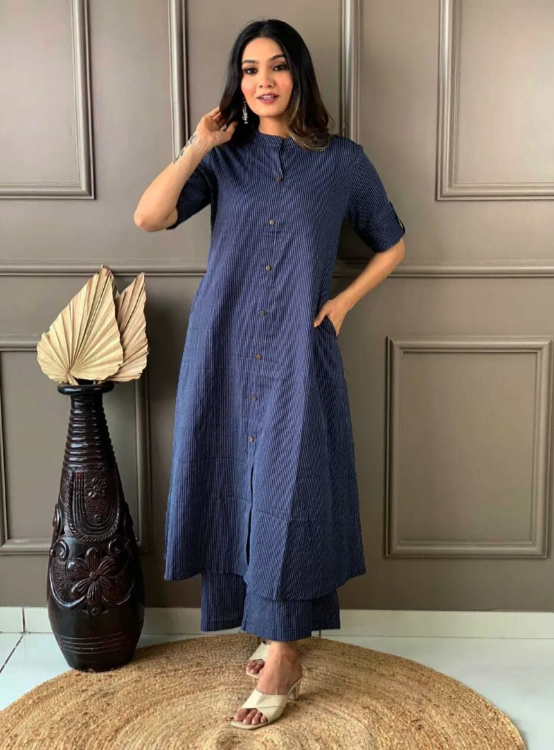 Blue Cotton Kurta and Pant Set for Women