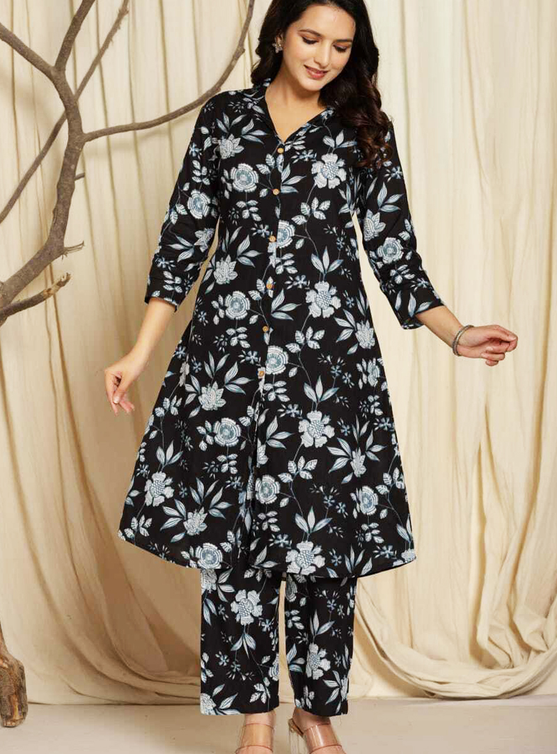 Floral Printed Cotton Kurta Set for Women-Black