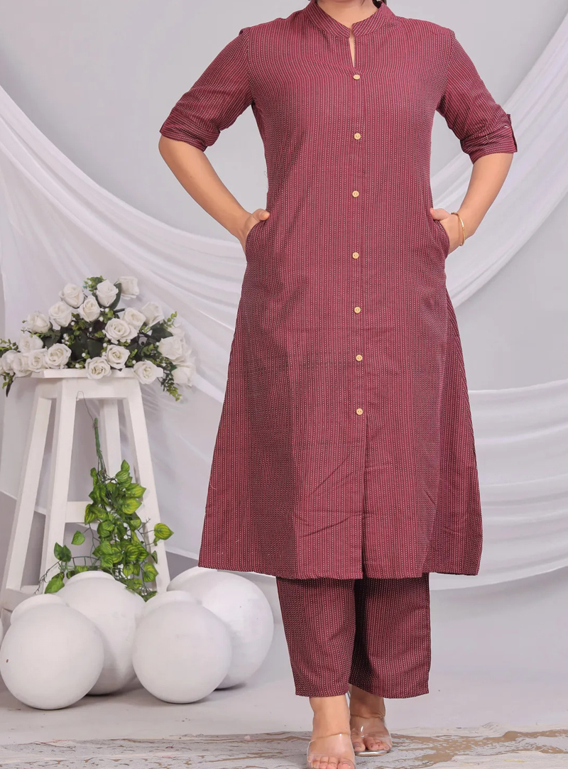 Maroon Cotton Kurta and Pant Set for Women
