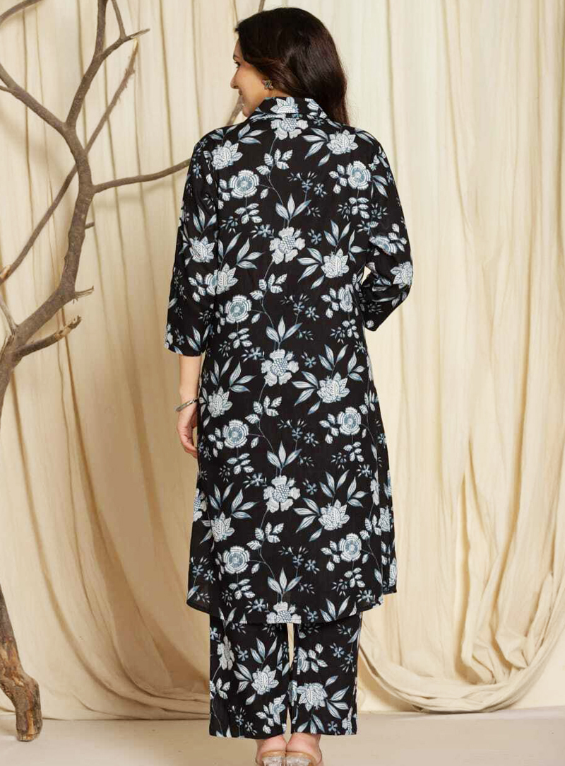 Floral Printed Cotton Kurta Set for Women-Black