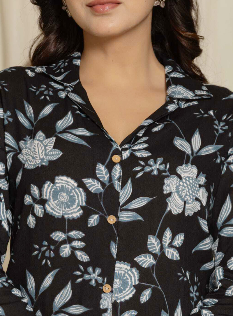 Floral Printed Cotton Kurta Set for Women-Black